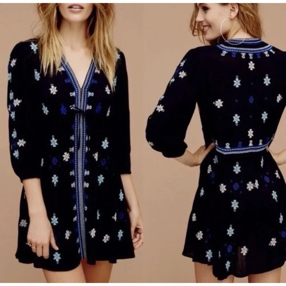Women’s Free People Stargazer Embroidered Tunic Dress - Celestial Boho Large